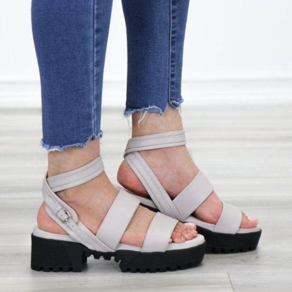 Gray Strappy Chunky Heel Sandal Faux Leather